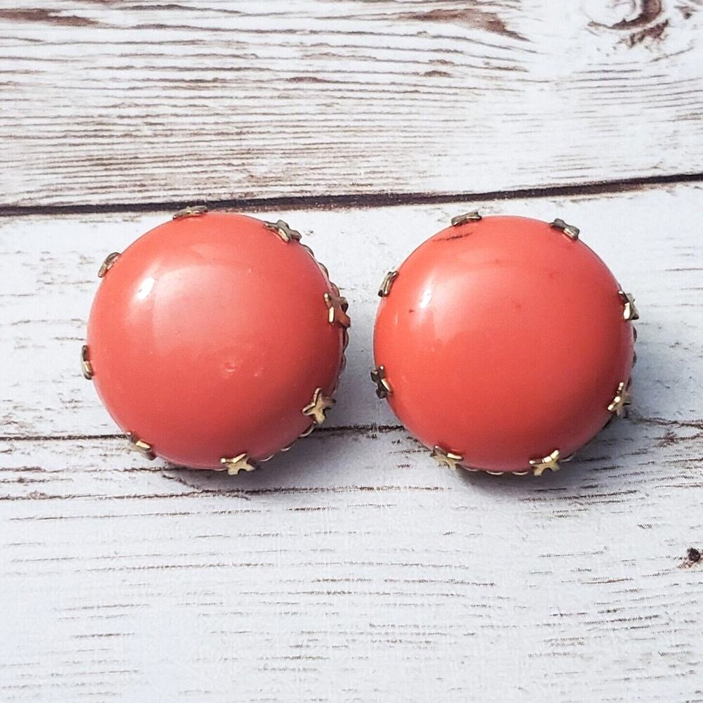 Vintage Clip On Earrings - Chunky Domed Orange with Gold Tone Setting 7/8"